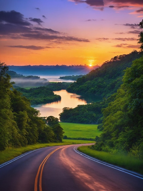 El paisaje de la carretera en natural con el sol de la mañana hermoso cielo generativo ai arte de ilustración