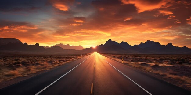 Paisaje de la carretera en la puesta de sol colorida en verano Paisaje del camino de montaña al anochecer