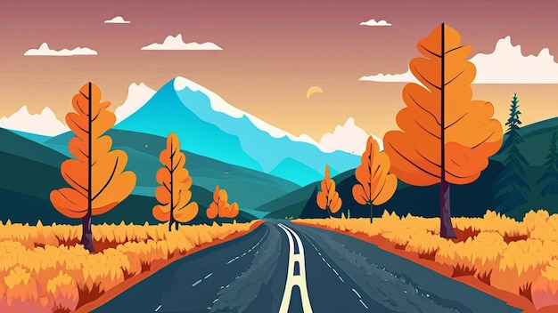 Paisaje de carretera vacía de montaña en otoño con pinos arbustos hierba naranja Ilustración de vector colorido plano