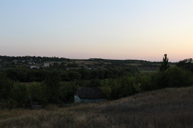 Un paisaje con una casa y árboles.