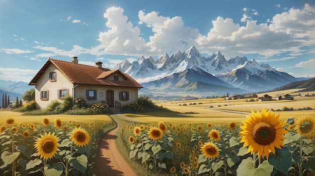 Paisaje con una casa y un campo de girasol.