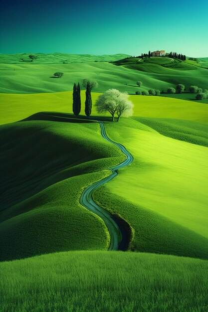 Un paisaje con una casa en la colina.