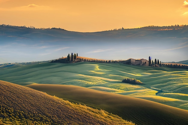 Un paisaje con una casa en la distancia