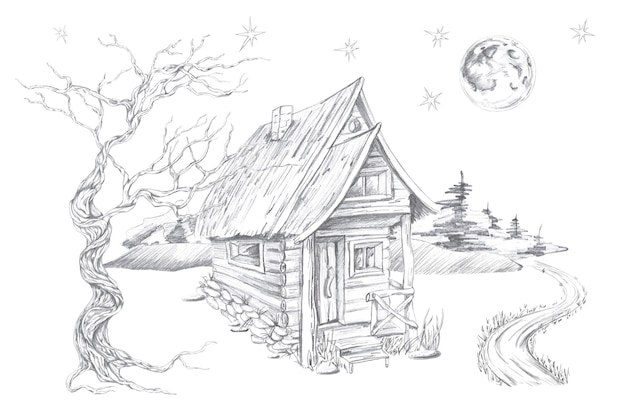 Paisaje con una casa rural de madera contra el telón de fondo de un cielo estrellado y un bosque aislado