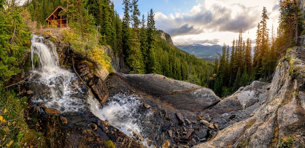 Paisaje de la casa de té en cascada que fluye en el bosque de pinos en el parque nacional de Banff