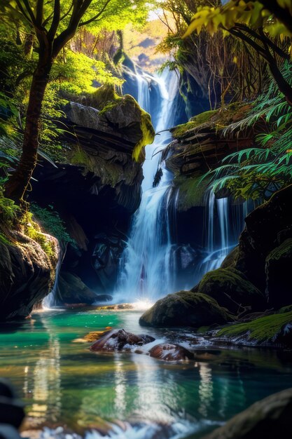 Foto paisaje de cascada con árbol de arce relajante papel tapiz de fondo