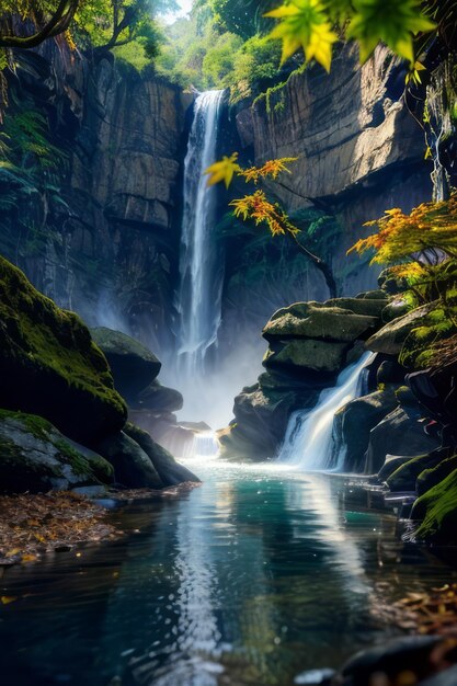 paisaje de cascada con árbol de arce relajante papel tapiz de fondo