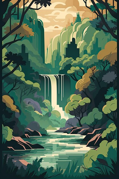 Paisaje con una cascada en el bosque Ilustración vectorial en estilo plano