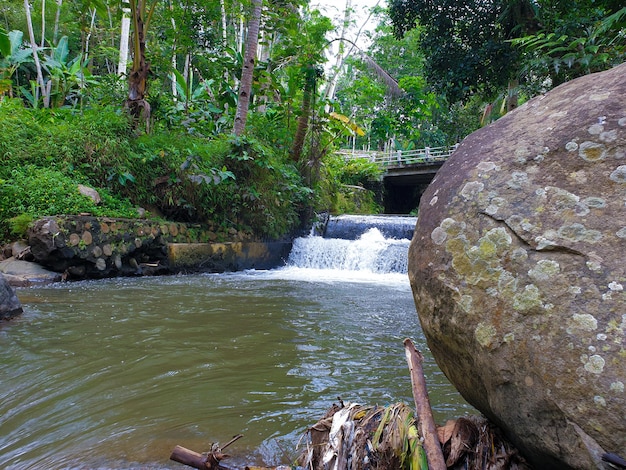 Paisaje de cascada debajo del puente.