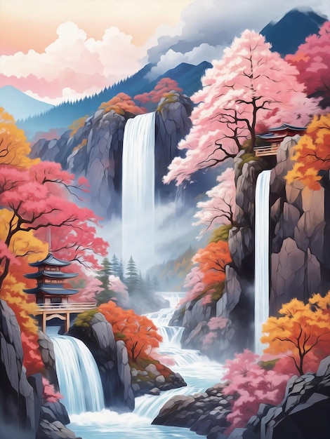 paisaje de cascada japonés con árboles de otoño y retrato de pintura al óleo de cascadas