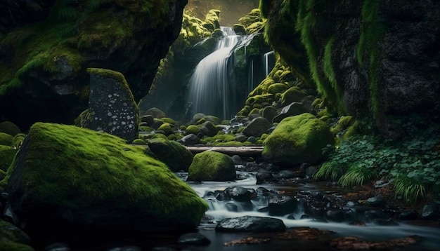Paisaje de cascada con rocas cubiertas de musgo verde Ai generativo