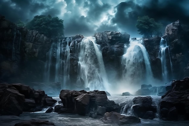 Paisaje de cascada con rocas cubiertas de musgo verde IA generativa