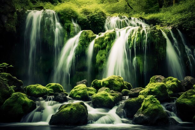 Foto paisaje de cascada con rocas cubiertas de musgo verde