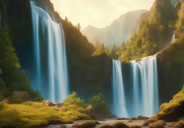 paisaje de cascadas en las montañas en un bioma tranquilo y pacífico