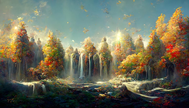 Paisaje de cascadas de otoño de fantasía en el arte generado por la red neuronal de un día soleado