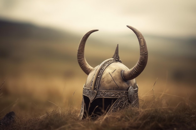 Paisaje con casco vikingo con cuernos campo de batalla en el fondo ilustración digital IA generativa