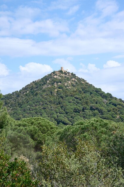 Paisaje con un castillo en la cima de una montaña.