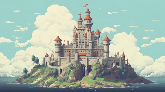 Paisaje de un castillo de estilo arquitectónico de fantasía en lo alto de las montañas 8 Bits Pixel art