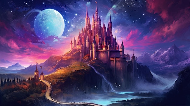 Paisaje con castillo de fantasía y luna Ilustración con fondo de dibujos animados del reino del castillo mágico