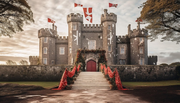 Foto paisaje de un castillo irlandés con decoraciones festivas