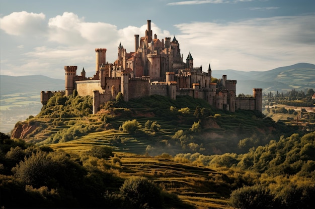 paisaje de castillo medieval puesta de sol árboles calor