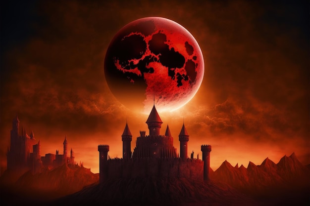 Paisaje del castillo de Thorn durante el eclipse solar contra el cielo carmesí oscuro Concepto de fantasía Pintura de ilustración IA generativa