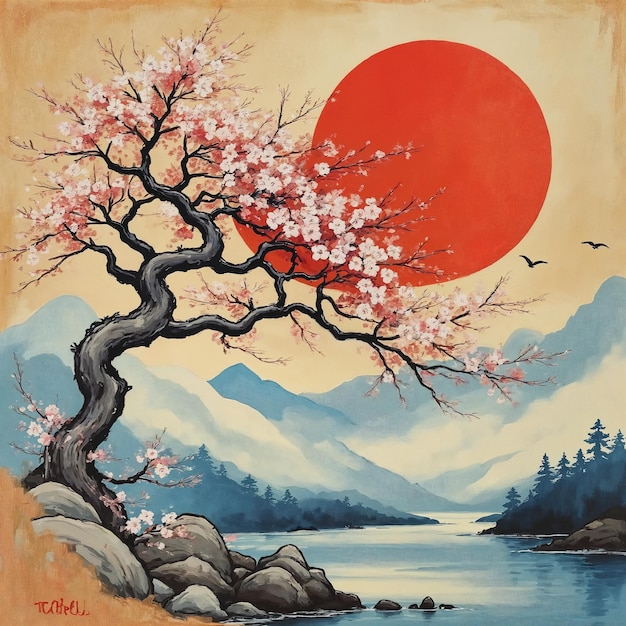 Paisaje de cerezas japonesas con sol naciente