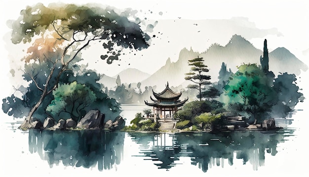 Paisaje chino y paisaje natural en estilo acuarela Imagen generada por tecnología AI