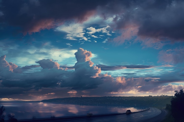 Paisaje de cielo azul y nubes sobre la costa con carreteras y mar utilizando tecnología de IA generativa