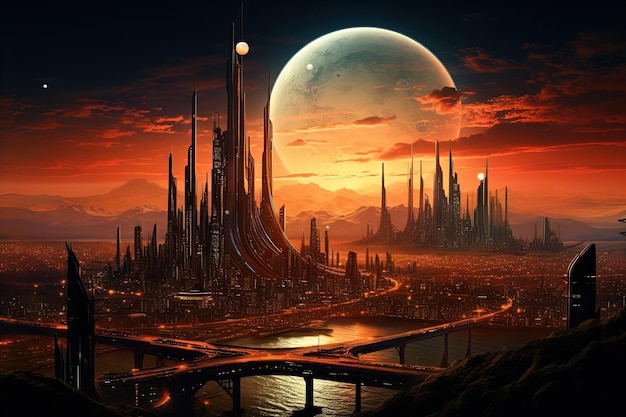 Paisaje de ciencia ficción con ciudad futurista en el anochecer naranja en el planeta alienígena