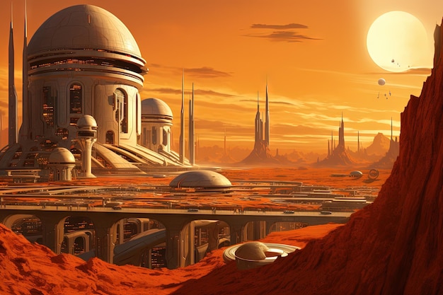 Paisaje de ciencia ficción con ciudad futurista en el anochecer naranja en el planeta alienígena