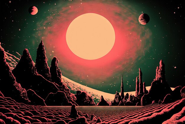 Paisaje de ciencia ficción de estilo retro con montañas Ilustración de ciencia ficción futurista retro en estilo de dibujo con sol alienígena Generada por IA