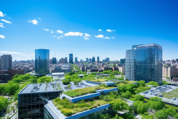Paisaje de la ciudad Fusión solar Edificios adornados techos verdes y naturaleza Simbiosis urbana