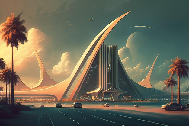 Paisaje con ciudad futurista en un planeta desconocido IA generativa