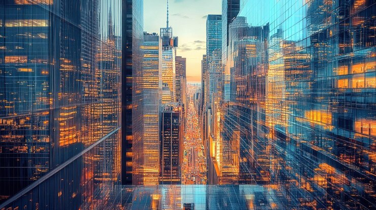 Paisaje de la ciudad Manhattan atardecer rascacielos reflejos de negocios urbanos distrito financiero vista aérea foto de stock