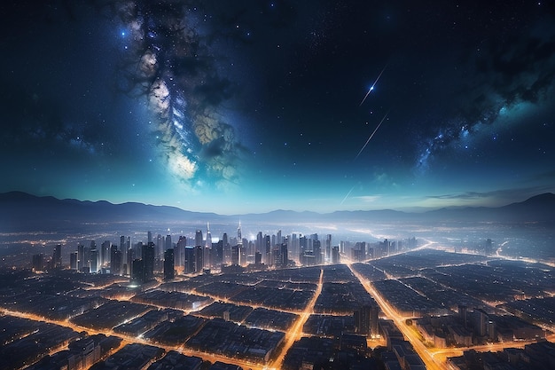 Paisaje de la ciudad en la noche con el cielo lleno de estrellas Elementos de esta imagen proporcionados por la NASA