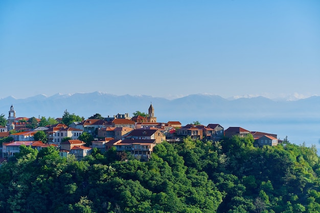 Paisaje de la ciudad de Sighnaghi. Pequeña hermosa ciudad turística de la ciudad del amor con casas de techo de tejas rojas en la región de Kakheti, Georgia