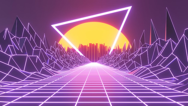 Paisaje de la ciudad Synthwave frente a una puesta de sol de los años 80. Futurismo retro vintage. ilustración de procesamiento 3d