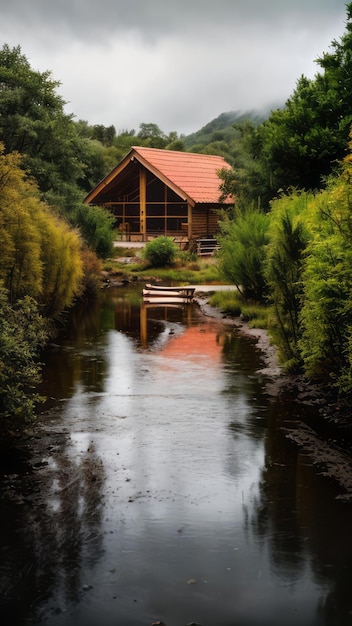 paisaje de clima lluvioso con árboles de río y hierba de fondo hermoso y relajante