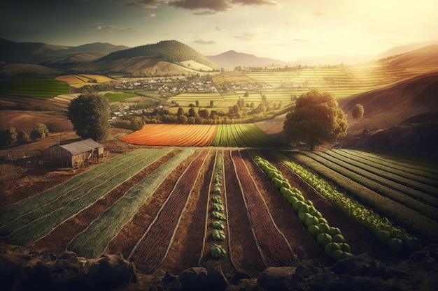 Paisaje con colinas iluminadas por el sol y hileras de verduras en el campo con huertas creadas con gene