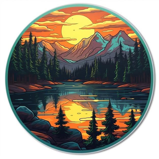 un paisaje de colores brillantes de un lago y montañas con una puesta de sol generativa ai