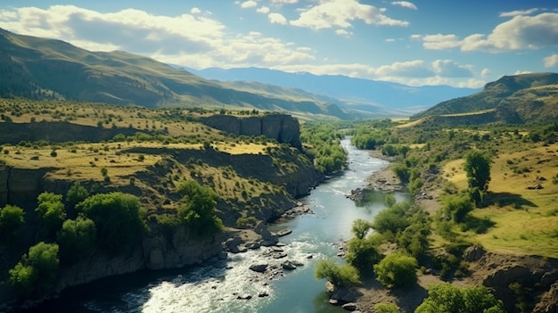 Paisaje colorido con altas montañas del Himalaya hermoso río curvo bosque verde cielo azul con nubes y luz amarilla al atardecer en verano en Nepal