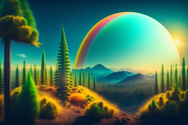Un paisaje colorido con un arco iris y árboles.