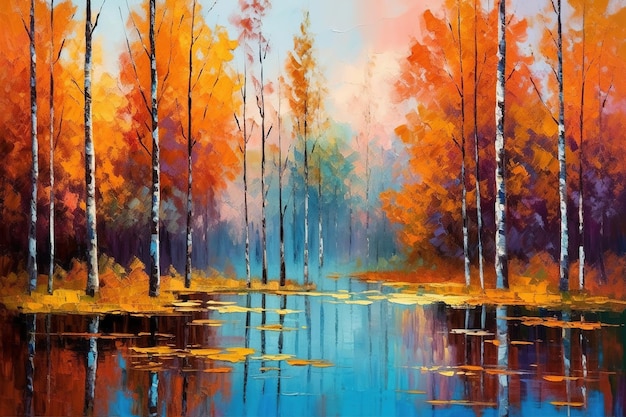 Paisaje con colorido bosque otoñal cerca del lago Pintura al óleo al estilo del impresionismo IA generativa