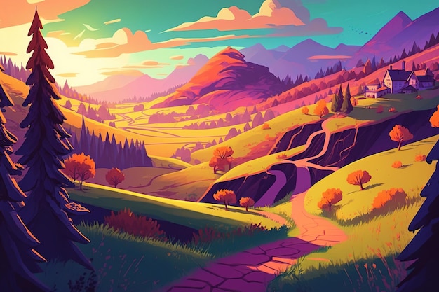 Un paisaje colorido con un camino que conduce a una montaña.