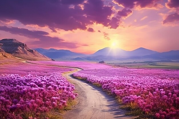 Un paisaje colorido con un campo de flores frente a una montaña