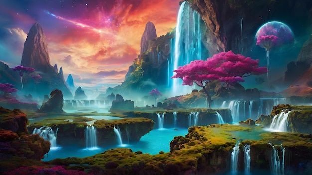 un paisaje colorido con una cascada y un cielo colorido