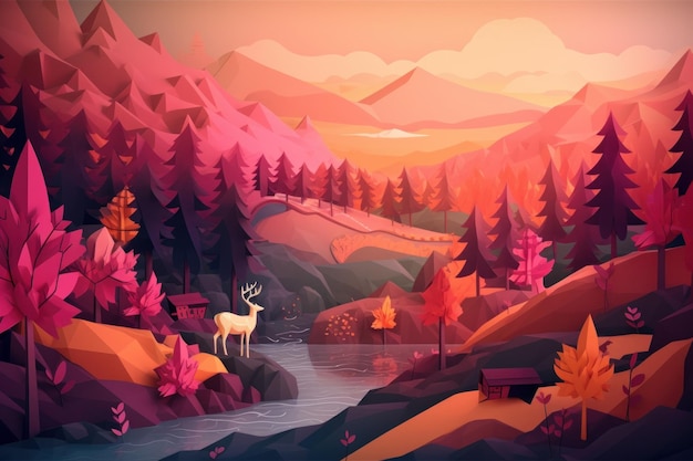 Un paisaje colorido con un ciervo en el río.