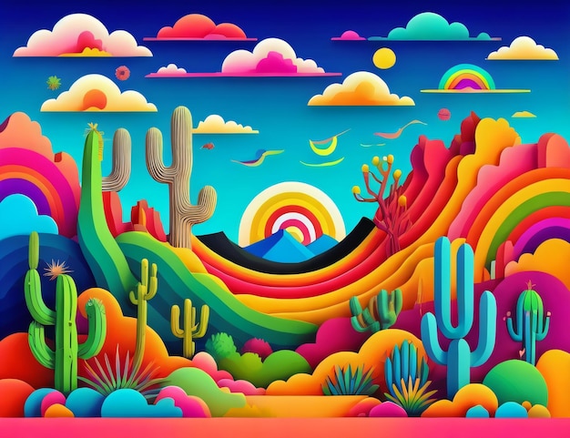 Un paisaje colorido desierto un arco iris mundo imaginario