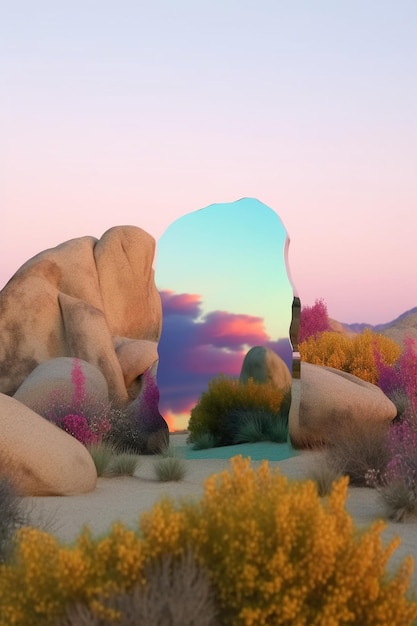 Un paisaje colorido con una formación rocosa en primer plano y un cielo colorido en el fondo.